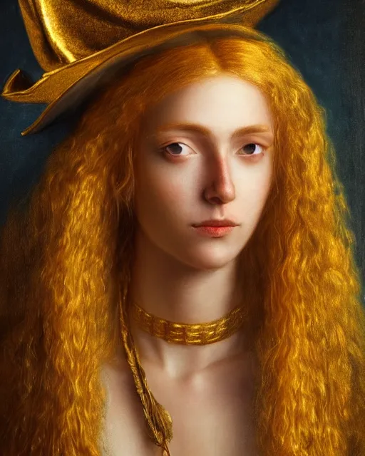 Image similar to realistic portrait of a mysterious pirate made of gold in silky clothes with long golden hair, detailed, 1 4 5 0, delicate, hyper realism, ultra realistic, 8 k