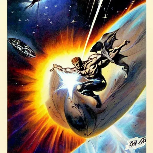 Image similar to Silver Surfer flying through space, by Frank Frazetta