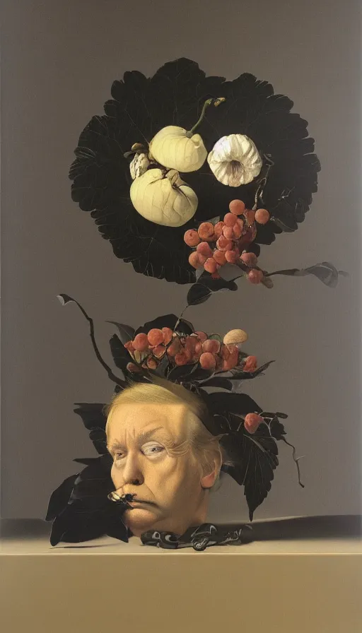 Prompt: hyperrealistic still life painting of Donald Trump, by Caravaggio, botanical print