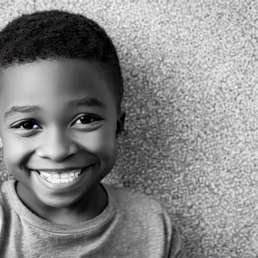 Prompt: photo of a black boy smiling, studio portrait