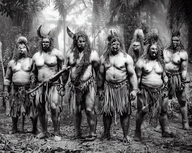 Image similar to hyper realistic group vintage photograph of a live action warcraft orc warrior tribe in the jungle, tall, hulk like physique, detailed faces, tribal paint, tribal armor, grain, old, monochrome, sepia toned, realistic lighting, wide angle