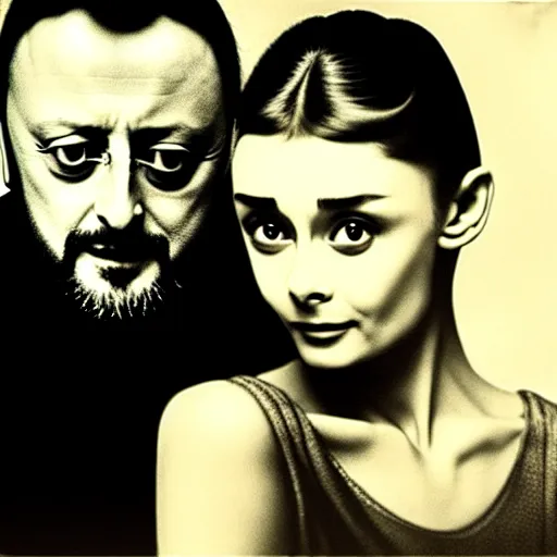 Image similar to Romeo (Jean Reno) and Juliet (Audrey Hepburn), are looking at each other romantically. dramatic, high contrast, romantic, theatrical, lumnious, cinematic lights,tintype photo, oil canvas by Csók István, Munkácsi and Hollósy Simon