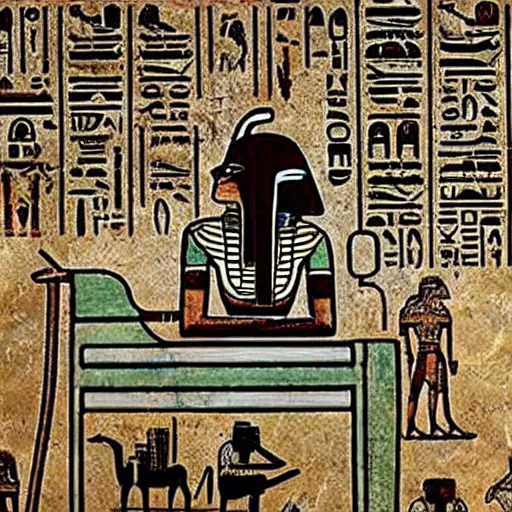 Image similar to Egyptian hieroglyphs telling story of Boba Fett visiting ancient Egypt, museum catalog photo