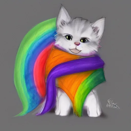 Image similar to wide angle full body, of a fluffy cute rainbow kitten wearing a black motorcycle jacket, concept art