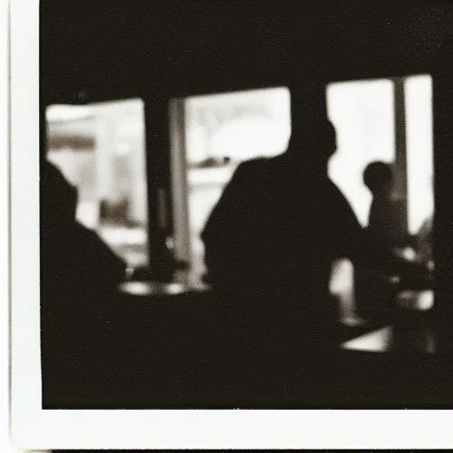 Prompt: a black silhouette grainy analog black and white polaroid of a chef in a small smokey bar in san francisco grilling burgers taken through the window