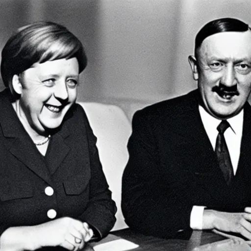 Image similar to hitler and angela merkel smiling after world war ii