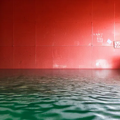 Prompt: photo of a classroom, the floor is flooded with one meter deep red water. eerie