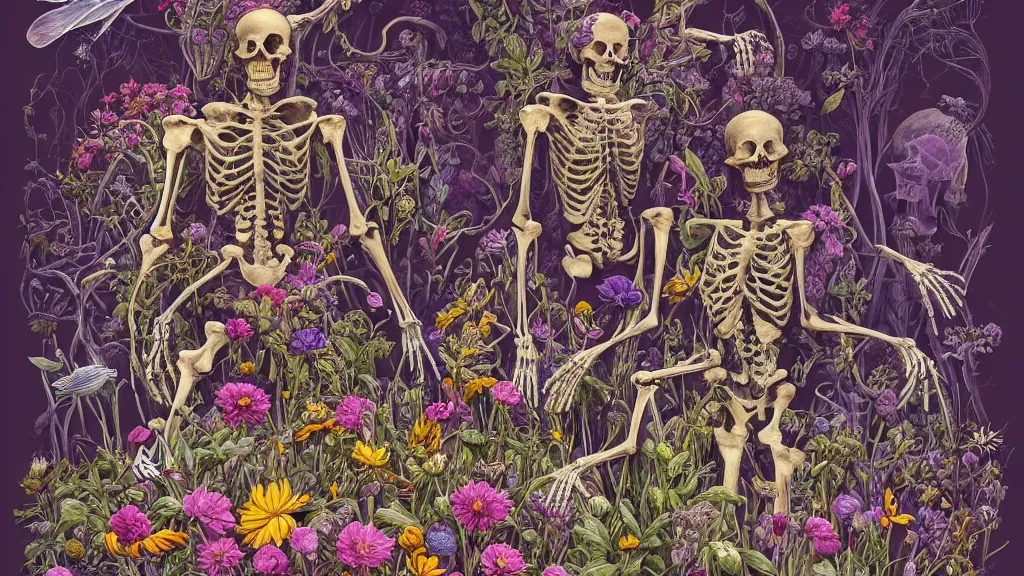 Image similar to highly detailed illustration all the known species of flowers growing from a human skeleton, by juan gatti!!, by gottfried bammes, by george bridgman, by moebius!, by oliver vernon, by joseph moncada, by damon soule, by manabu ikeda, by kyle hotz, by dan mumford, by kilian eng