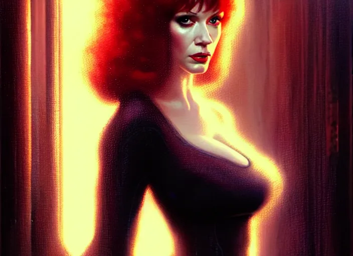 Image similar to portrait shot of christina hendricks in bladerunner wearin a cyberpunk costume, intricate, elegant, highly detailed, centered, digital painting, artstation, concept art, smooth, sharp focus, illustration, artgerm, tomasz alen kopera, peter mohrbacher, donato giancola, joseph christian leyendecker, wlop, boris vallejo