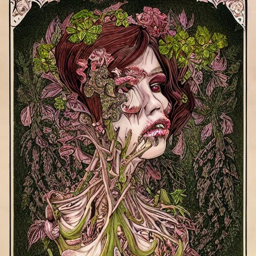 Image similar to a beautiful detailed front view portrait of a rotten woman corpse with fractal plants and fractal flowers and mushrooms growing around, symmetrical, ornate, ornamentation, illustration, in the style of art nouveau