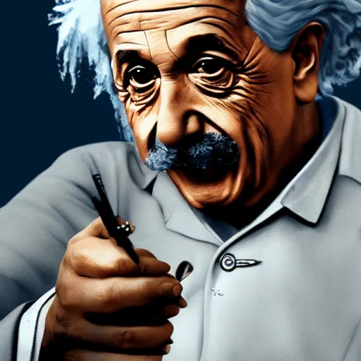 Image similar to albert einstein smoking a blunt, gta artstyle, wide shot, dramatic lighting, octane render, hyperrealistic, high quality, HD, cinematic