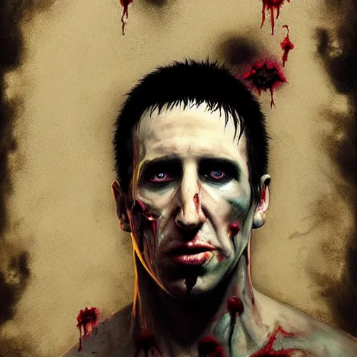 Image similar to color portrait of young and handsome zombie trent reznor from nin as a zombie with shoulder length hair, 7 days to die zombie, gritty background, fine art, award winning, intricate, elegant, sharp focus, cinematic lighting, digital painting, 8 k concept art, art by brom, art by guweiz and z. w. gu, art by michael hussar, 8 k