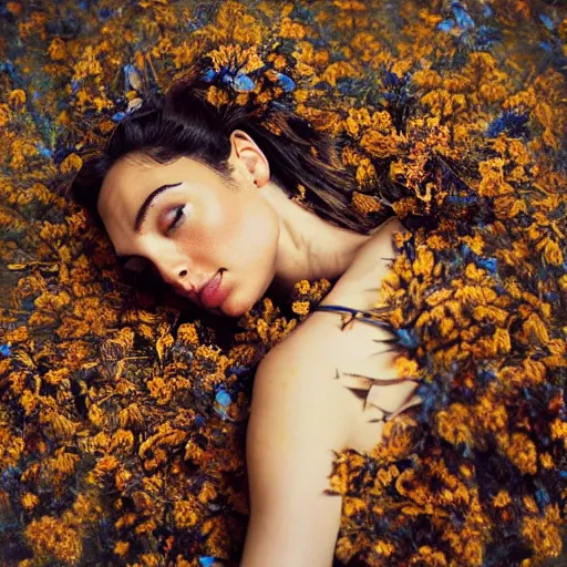 Image similar to fine art photo of the beauty gal gadot, she is lying down and covered by dried flowers, taken by oleg oprisco