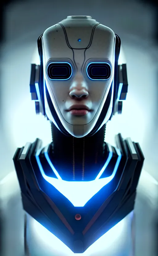 Prompt: friendly humanoid cyber robot, award winning, portrait bust, symmetry, faded colors, cypherpunk background, alan blackwell, masterpiece, trending on artstation, cinematic composition, beautiful lighting, hyper detailed!!!, 8 k, unreal engine 5