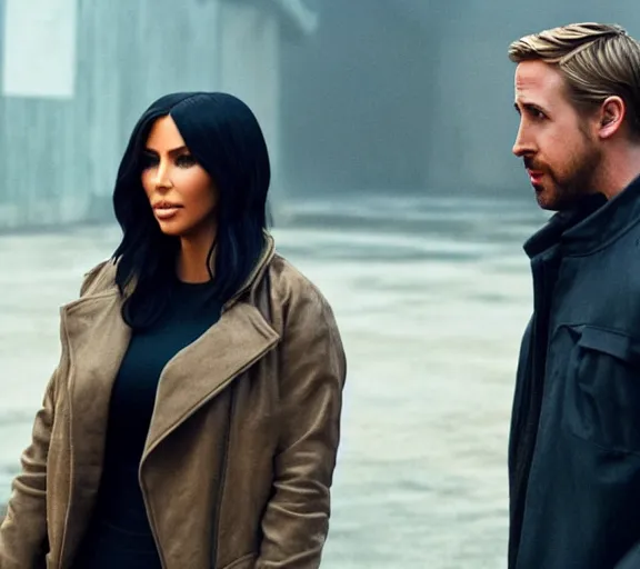 Image similar to a movie still of kim kardashian talking with ryan gosling in the movie blade runner 2 0 4 9