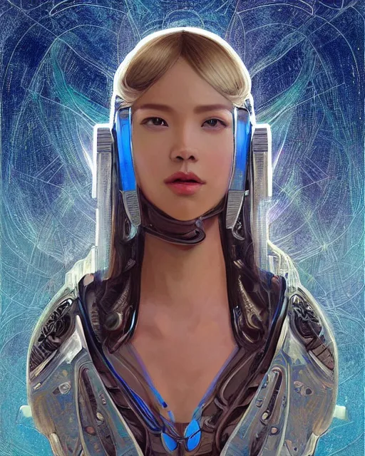Prompt: portrait of Lalisa Manobal as futuristic airforce, inside future fighter, sci-fi, fantasy, intricate, very feminine, elegant, human anatomy, royal pink and blue light, highly detailed, digital painting, artstation, concept art, smooth, sharp focus, illustration, art by tian zi and WLOP and alphonse mucha, masterpiece, fix this image, variation