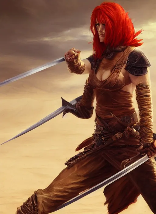 Image similar to Redhead female fighter with katana in desert, fantasy, medieval, vivid colors, fantasy, elegant, concept art, sharp focus, beautiful face!!, digital art, Hyper-realistic, 4K, Unreal Engine, Highly Detailed, HD, Dramatic Lighting by Brom, trending on Artstation