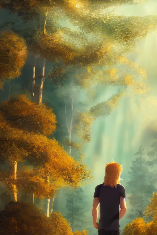 Image similar to pretty young man with long golden blond hair made of shiny and sparkling gold, demure, slender, back view, lost, trees, detailed forest background, webtoon, breathtaking scenery, colourful, 8 k, graphic novel, digital art trending on artstation, volumetric lighting, octane render, cinematic, hyper detailed, magical atmosphere, magical forest, anime