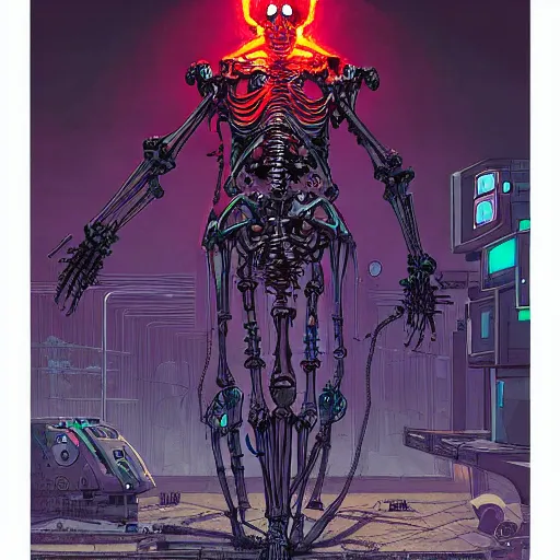 Image similar to portrait of a cybernetic evil undead skeleton sorcerer surrounded by lab equipment, cyberpunk concept art by josan gonzales and moebius and enki bilal and and dan mumford and jean claude meziere and philippe druilleg