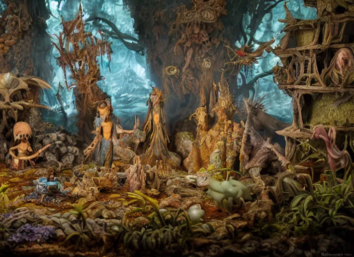 Image similar to studio photography of a fantasy claymation diorama of the dark crystal, zeiss lens, detailed, by erwin olaf, joop geesink, wes anderson, jim henson, brian froud, breathtaking, 8 k resolution, extremely detailed, beautiful, establishing shot, realistic materials, weta digital fx manuka, unreal engine, hyperrealistic