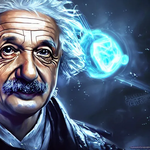 Image similar to portrait of albert einstein as a spellcaster, league of legends amazing splashscreen artwork, gears of war, splash art, natural light, elegant, photorealistic facial features, intricate, fantasy, detailed face, atmospheric lighting, anamorphic lens flare, cinematic lighting, league of legends splash art, hd wallpaper, ultra high details by greg rutkowski