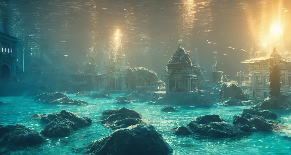 Image similar to fantasy underwater world with buildings, mermaids and fish, light rays coming from above through the water, hyperrealistic, 8K, octane render, rtx