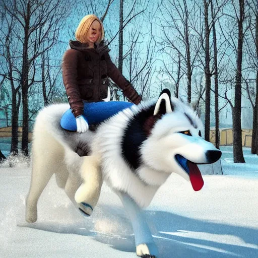 Image similar to girl riding a giant husky in the park, snow, trending on artstation