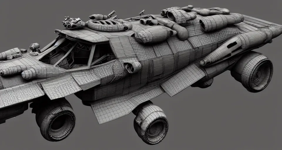 Image similar to highly detailed cinematic scifi render of 3 d sculpt of fury road spaceship