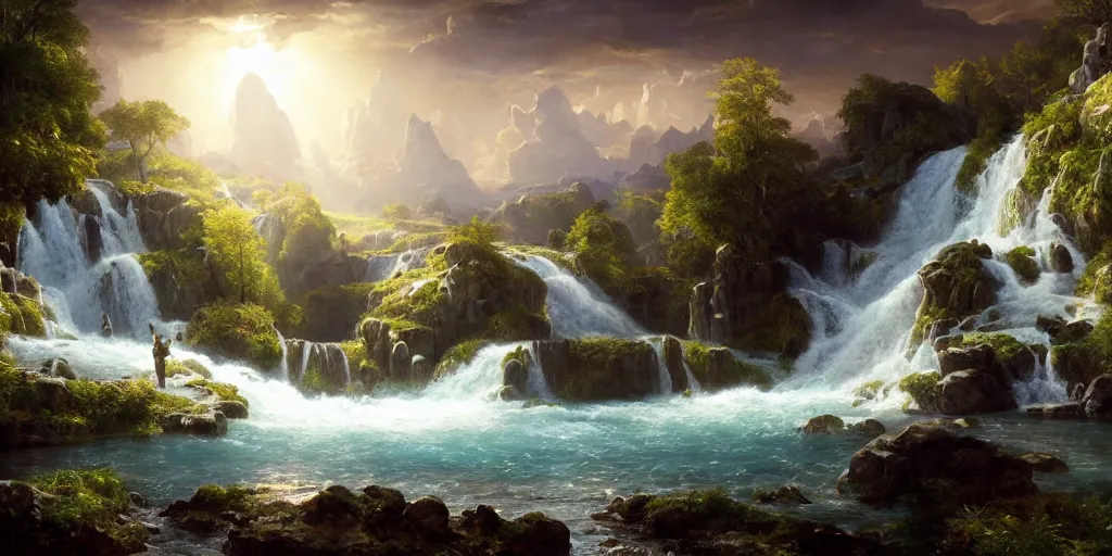 Image similar to creation of the world and heaven with a river of the water of life, clear as crystal, flowing from the throne of god and of the lamb by daniel f. gerhartz and matt stewart and thomas cole, fantasy, photorealistic, octane render, unreal engine, dynamic lighting