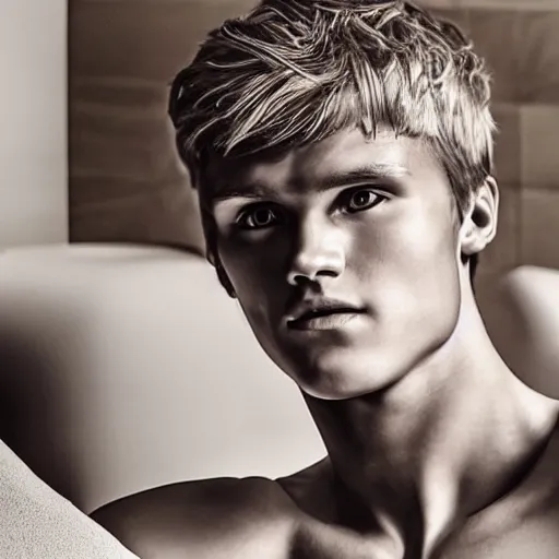 Image similar to a realistic detailed photo of a guy who is an attractive humanoid who is half robot and half humanoid, who is a male android, soccer player martin ødegaard, shiny skin, posing like a statue, blank stare, in a bed room, on display