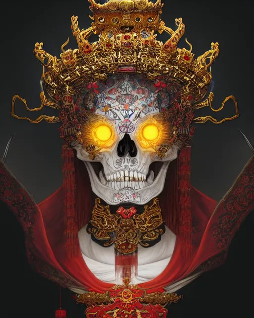 Image similar to portrait of skeleton emperor, glowing demonic energy crown, upper half portrait, decorated with chinese opera motifs, asian, bian lian, traditional chinese art, intricate, elegant, highly detailed, symmetry, digital painting, artstation, concept art, smooth, sharp focus, illustration, art by artgerm and greg rutkowski and alphonse mucha, 8 k