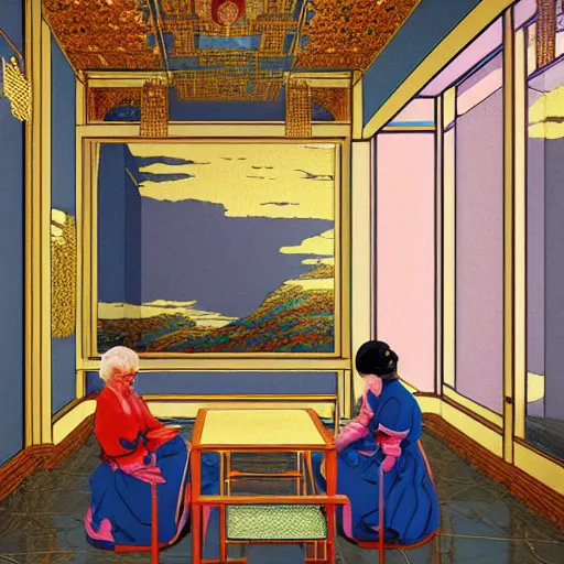 Prompt: fine dining with grandma eating crayons on golden plates in a palace, crayons melting down all over the floor, in the style of kawase hasui james jean, muted neon colors, artstation trending, 8 k, 3 d render, photorealistic, volumetric lighting caustics, black and white, detailed af