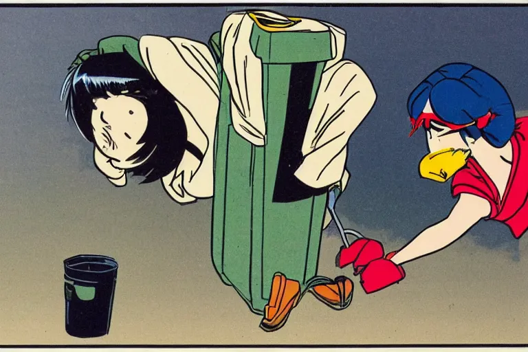 Image similar to a guy putting a dustbin over the head of a girl, in the style of Takahashi, Rumiko