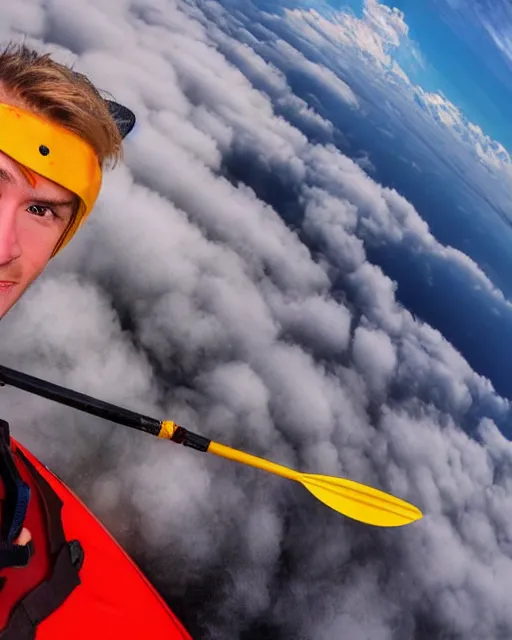 Image similar to realistic portrait of a blonde guy in a kayak over the clouds in the sky