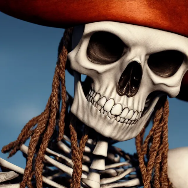 Prompt: perfectly centered close up portrait, skeleton pirate, highly detailed, character concept, unreal engine 5, candid photography, by anne stokes