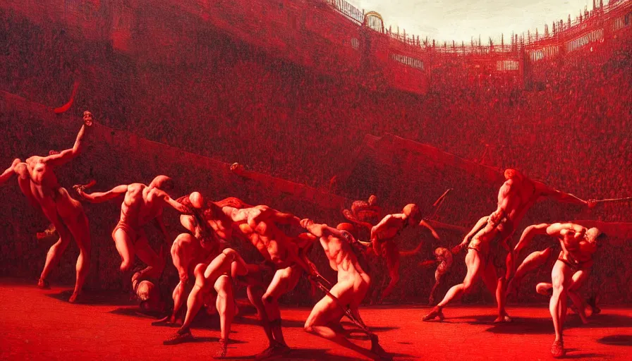 Prompt: only with red, bloody gladiator battle in a crowded roman amphitheatre, crowd cheering, in the style of beksinski and edward hopper and rodcenko and yue minjun and cory loftis, intricate and epic composition, red by caravaggio, highly detailed, masterpiece, red light, artstation, art nouveau