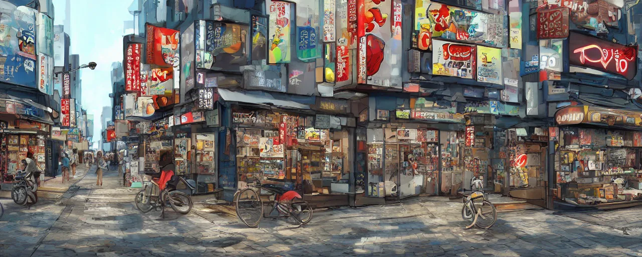 Image similar to Tokyo storefronts with no people graffiti treasure town comics illustration digital art painting artstation depth global illumination GI AAA SSS