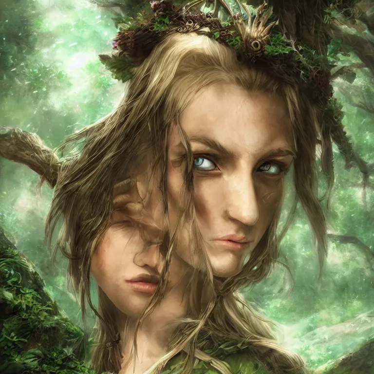 Prompt: the righteous female elf in the woods, stream, clouds, grass, lord of the rings style, fantasy, poster, character portrait, portrait, close up, concept art, intricate details, highly detailed, full body, 8 k, detailed face, body