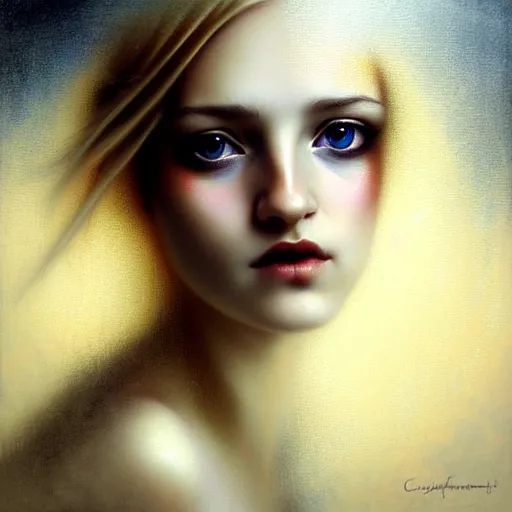 Image similar to beautiful face portrait of a youthful ( blonde, emo, bosnian ) woman covered in fluffy clouds, looking straight at, gorgeous eyes, by casey baugh,, vladimir kush, yasunari ikenaga, yasar vurdem, william oxer