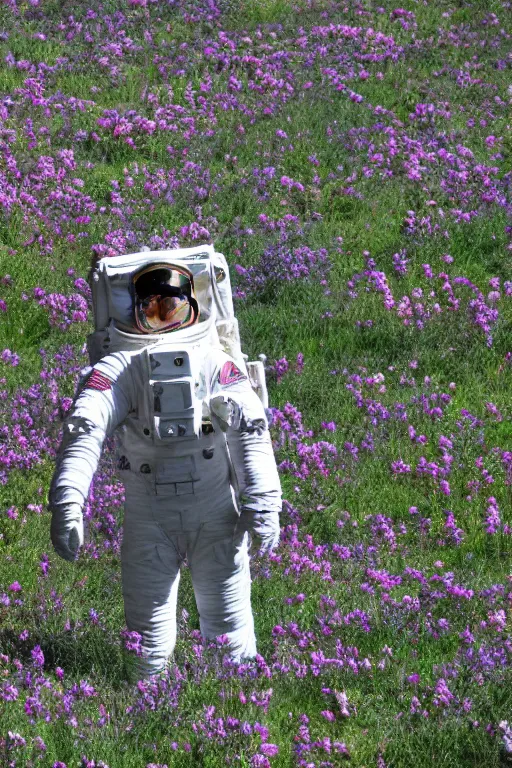 Prompt: The astronaut's back, next to it was a meadow full of bright flowers, bright，8K