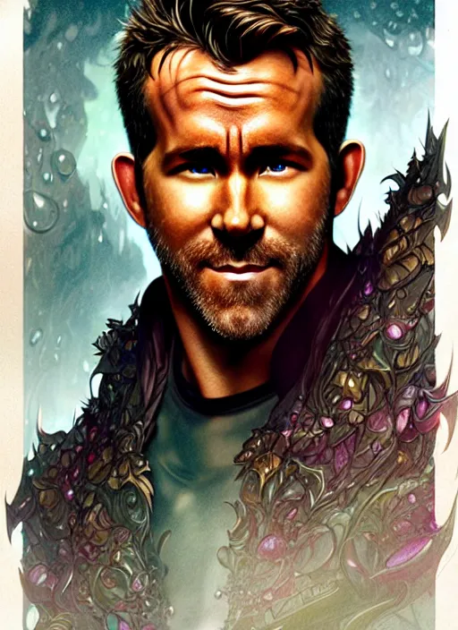 Image similar to portrait of ryan reynolds, d & d, wet, shiny, fantasy, intricate, elegant, hyper detailed, ultra definition, photoreal, artstation, unreal engine rendered, concept art, smooth, sharp focus, illustration, art by artgerm and greg rutkowski and alphonse mucha and garis edelweiss