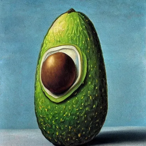 Image similar to A portrait of a humanoid grumpy old avocado that has big eyes, oil painting by Salvador Dali