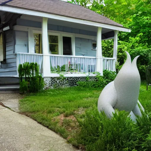 Prompt: a cottage with a lush front yard, with a weird creature