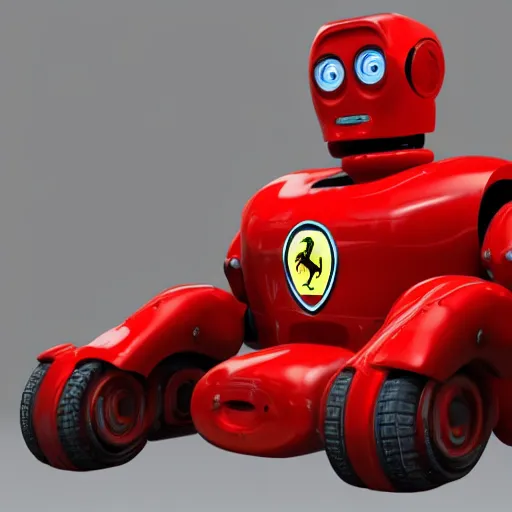 Image similar to a red robot with big tires on it's shoulders, big hands, Ferrari logo on it's chest, wearing a round helmet | unreal engine | hd | 3D model