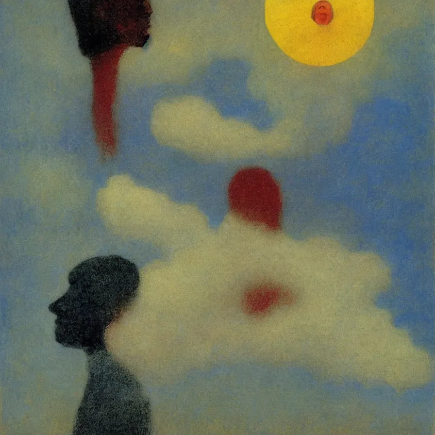 Image similar to surrealim symbolism artwork by odilon redon of a man with a stormy cloud for a head.