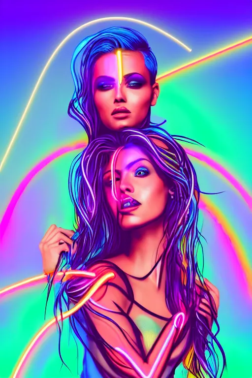 Image similar to a award winning half body portrait of a beautiful woman with stunning eyes in a croptop and cargo pants with rainbow colored ombre hairstyle head in motion and hair flying by thomas danthony, outlined by whirling illuminated neon lines, outrun, vaporware, shaded flat illustration, digital art, trending on artstation, highly detailed, fine detail, intricate