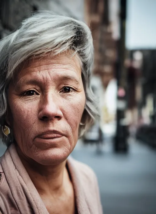 Prompt: color medium shot portrait of 50-year-old woman from Norway with short hair, candid street portrait in the style of Rehahn award winning, Sony a7R