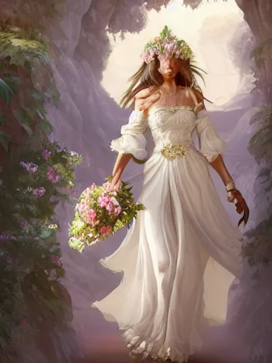 Prompt: a woman, wearing a cute white dress adorned with flowers, dominating a lion. intricate, elegant, highly detailed, digital painting, artstation, concept art, sharp focus, illustration, by justin gerard and artgerm, 8 k