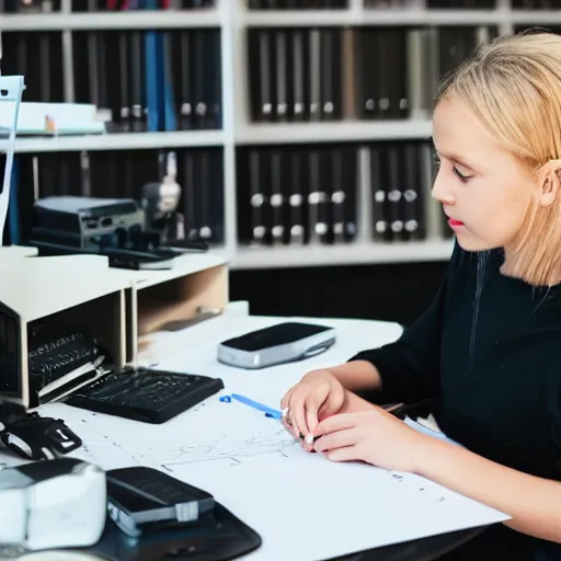 Image similar to a blonde baby girl working CAD computer drafting, civil engineer, sitting at a desk