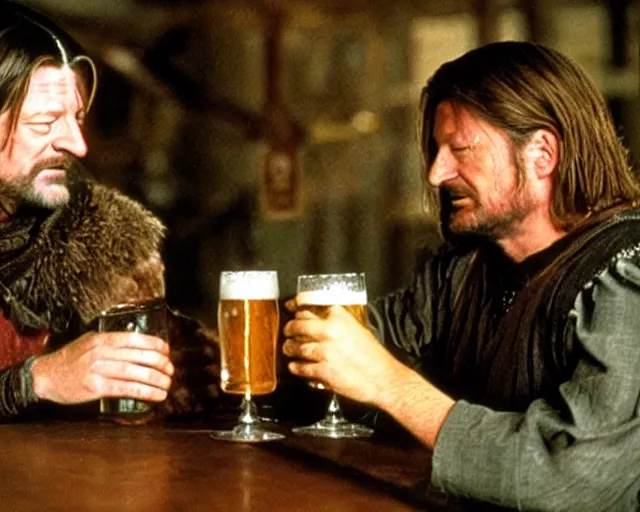 Prompt: Ned Stark and Boromir drinking beer in a pub, Film still, high detail